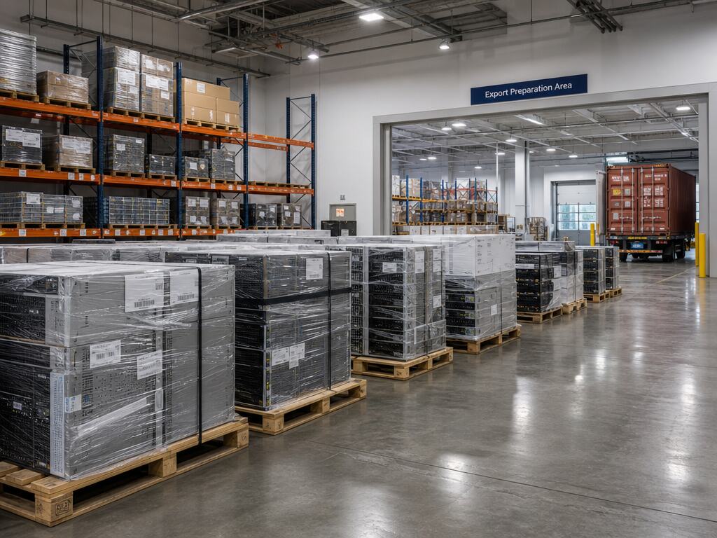 Organized ITAD logistics hub with wrapped palletized server lots and export preparation controls