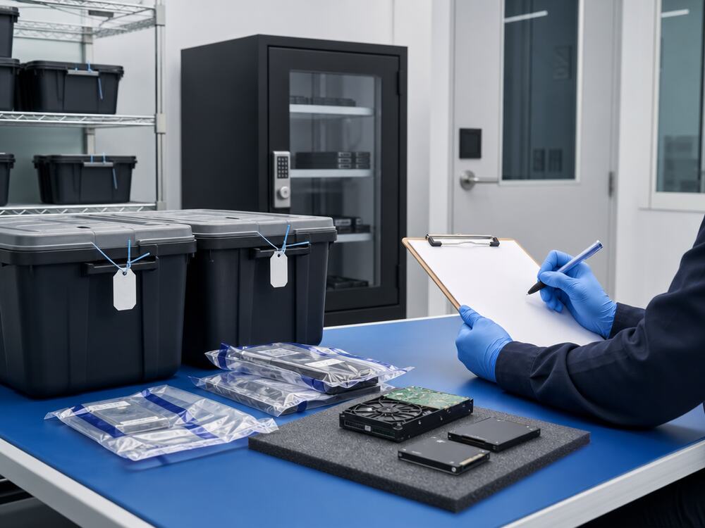 Secure media handling area with sealed drive bins and custody documentation